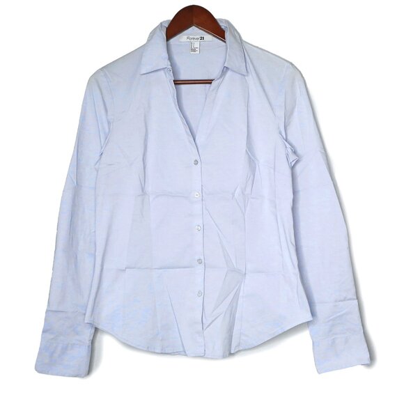 Forever 21 Stretch Poplin Dress Shirt Collared Office Button Down Light Blue - Picture 8 of 8